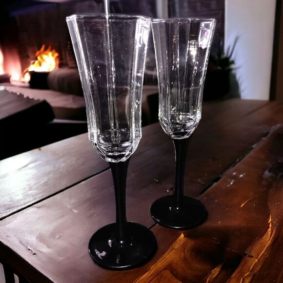 2 Luminarc Arcoroc Octime Domino Champagne Flutes Glasses France Set Black Stem. - Picture 11 of 16